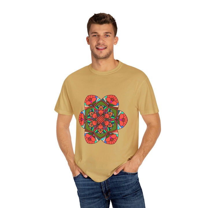 Unisex Mandala T-Shirt featuring hand-drawn mandala art, made from 100% ring-spun cotton and garment-dyed for extra comfort