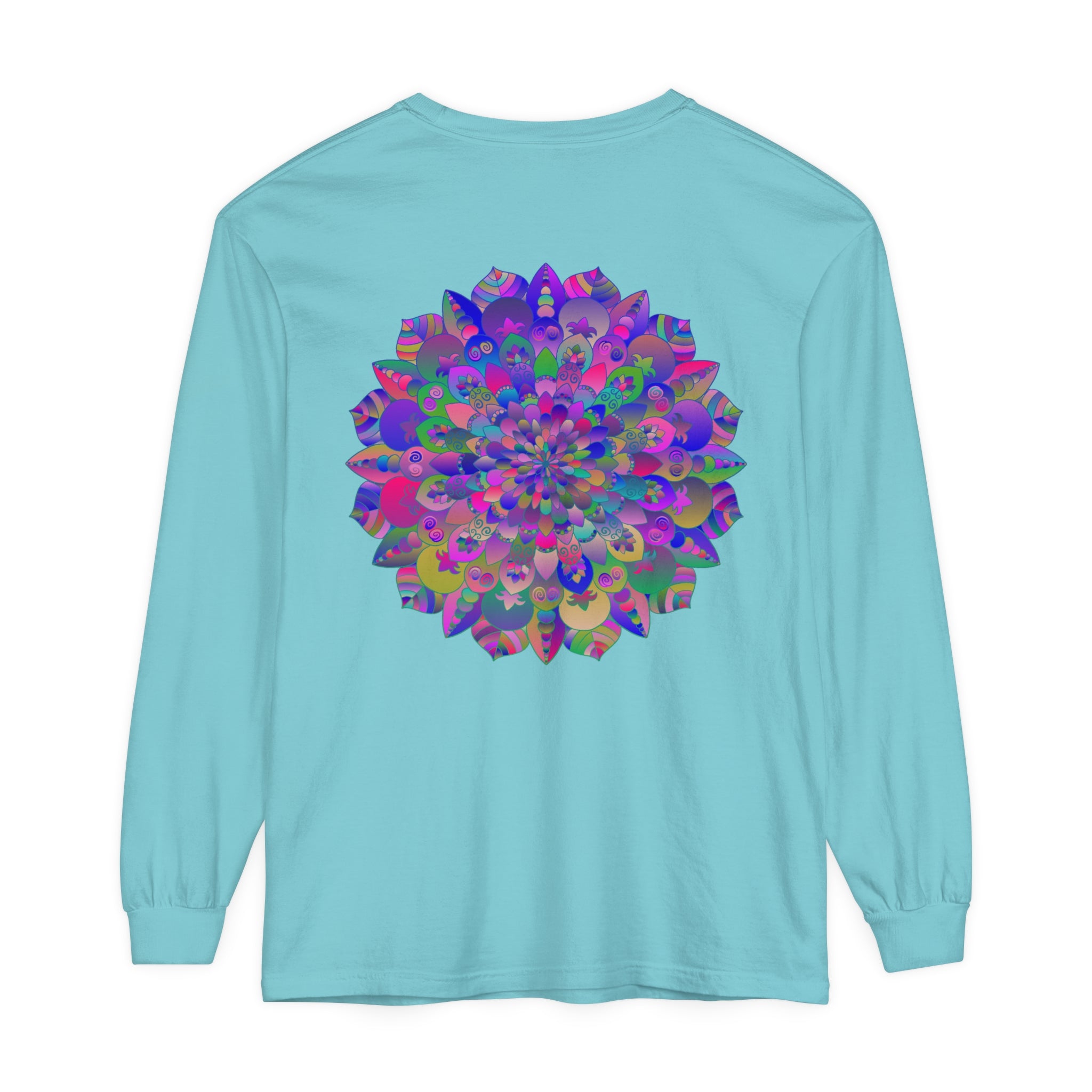 Colorful and intricate mandala design on a vibrant long sleeve t-shirt