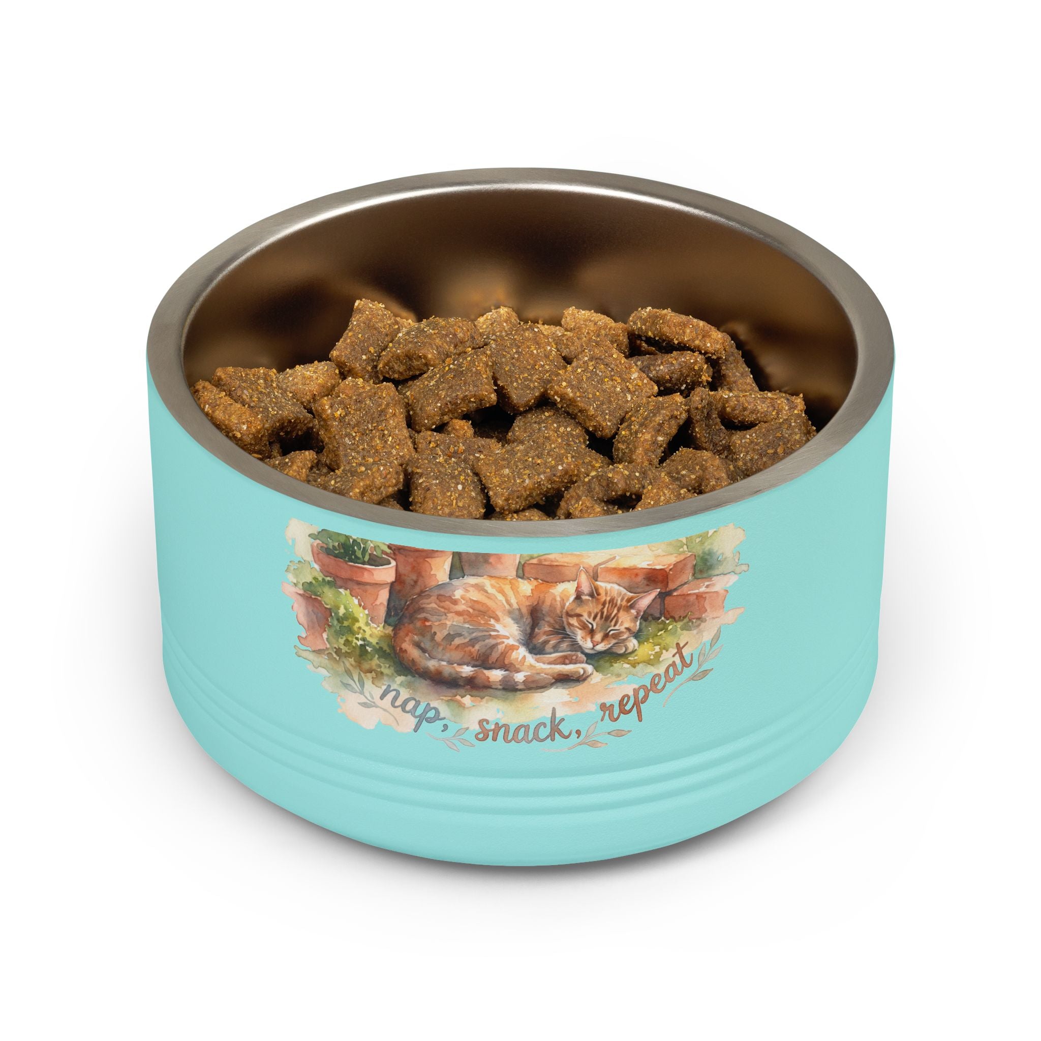 18oz Ceramic Pet Bowl — Watercolor Ginger Cat "Nap. Snack. Repeat."