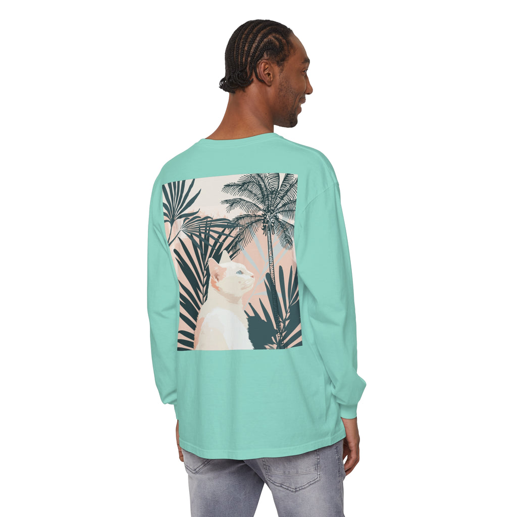 White Cat Tropical Mandala Long Sleeve T-Shirt featuring a whimsical cat surrounded by vibrant tropical flowers and mandala patterns, perfect for adding a touch of playful style to your wardrobe