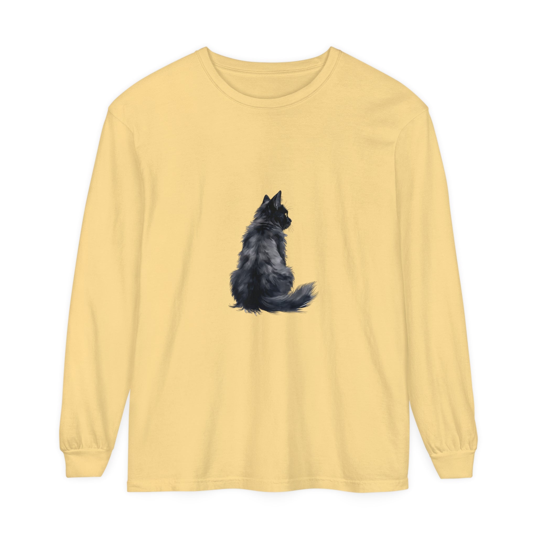 Black unisex long sleeve t-shirt with a stylish silhouette of a cat