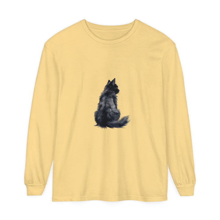 Black unisex long sleeve t-shirt with a stylish silhouette of a cat