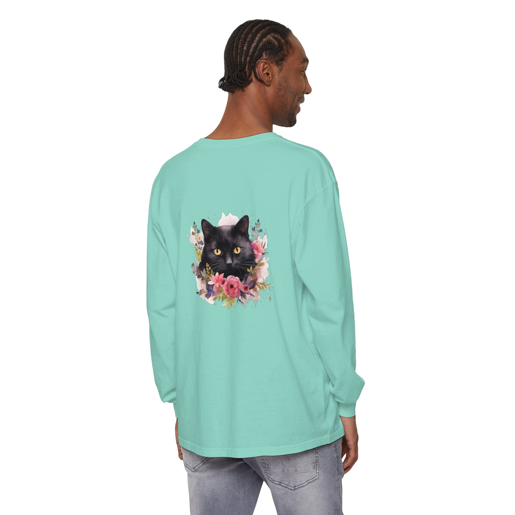 Black Cat Floral Watercolor Long Sleeve T-Shirt with vibrant watercolor design