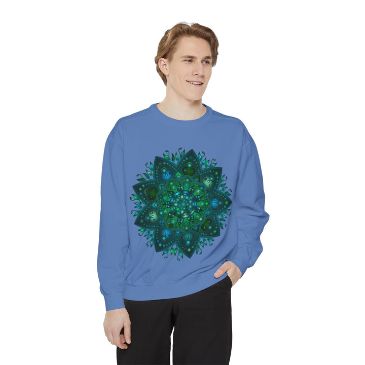 Teal and blue mandala sweatshirt with intricate design and detailed patterns