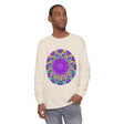 Vibrant purple and green mandala design adorns long sleeve t-shirt