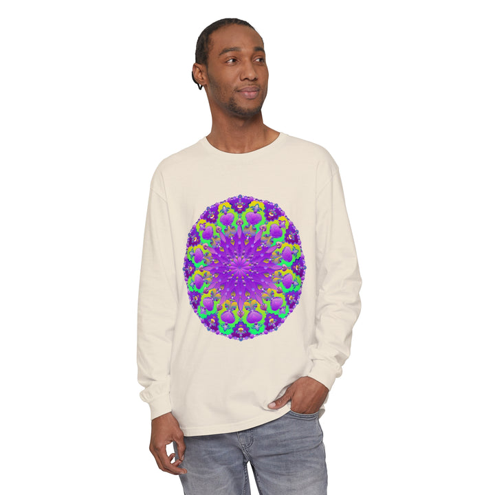 Vibrant purple and green mandala design adorns long sleeve t-shirt