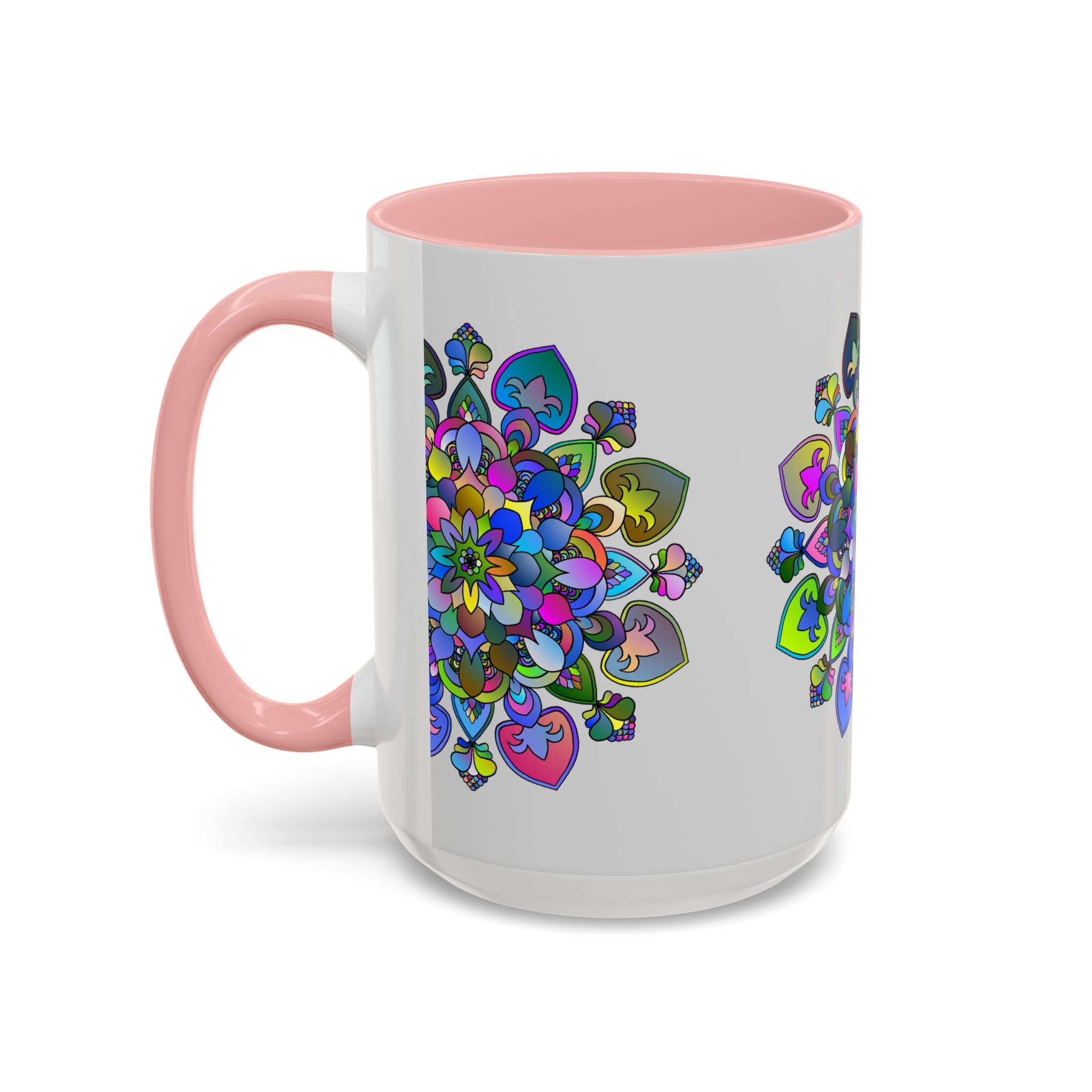 Elegant and intricate floral mandala design on grey ceramic mug