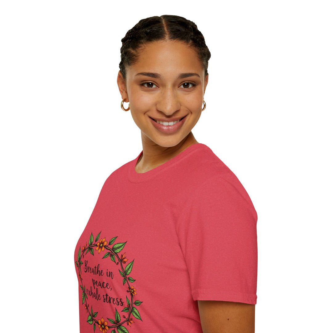 Close-up image of a soft, comfortable white t-shirt with a beautiful floral garland design and the words Breathe in Peace Exhale Stress in calming, pastel colors