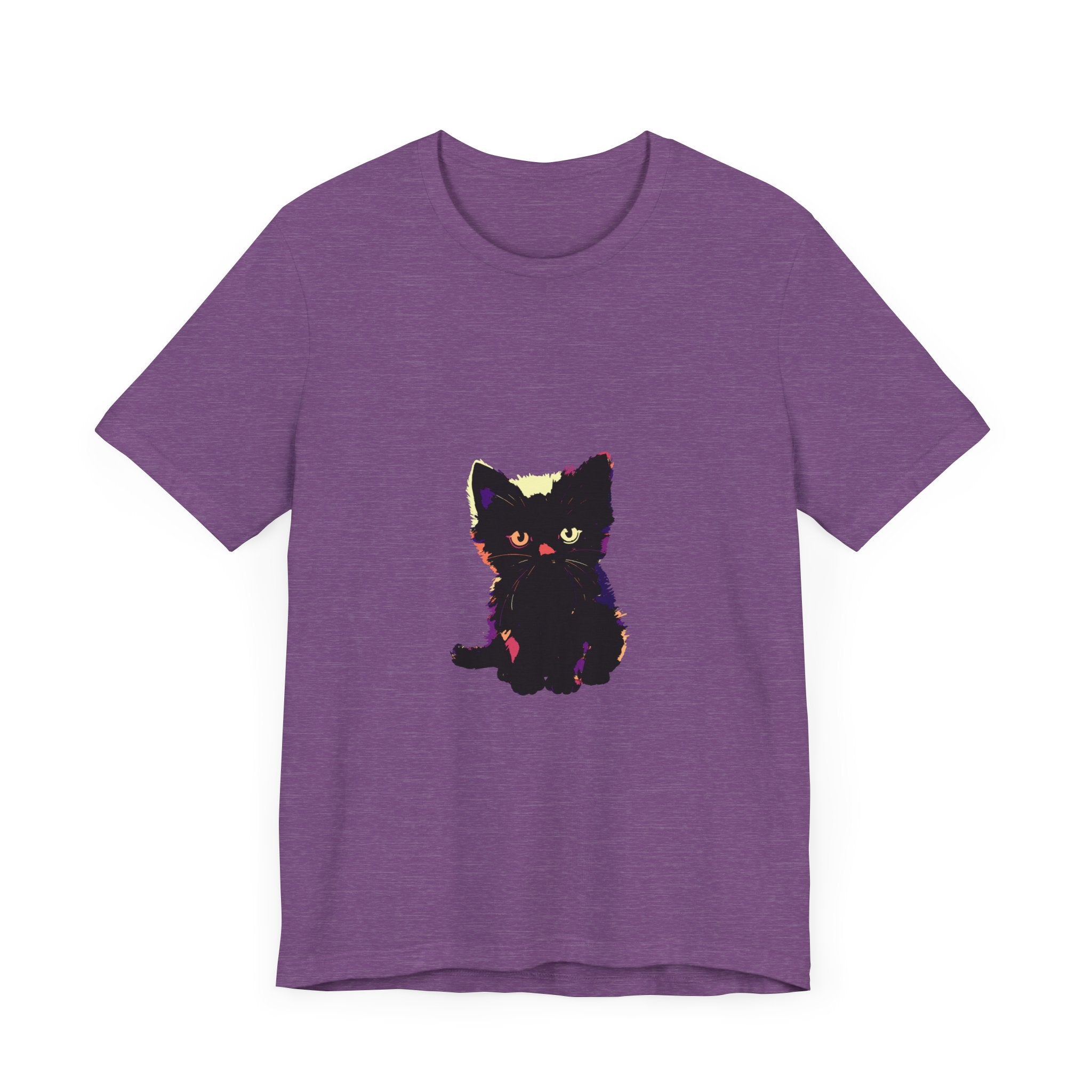 Adorable graphic tee featuring a cute black cat design on front