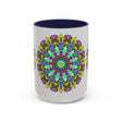 A beautiful ceramic mug featuring a colorful and serene mandala art design