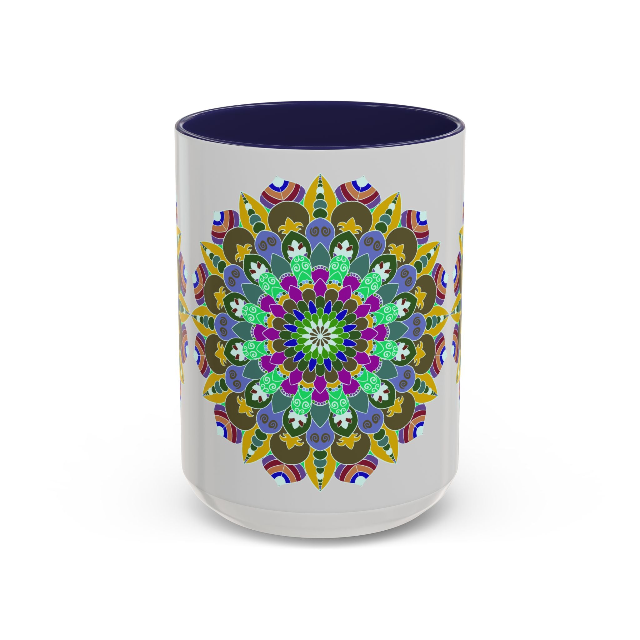 A beautiful ceramic mug featuring a colorful and serene mandala art design