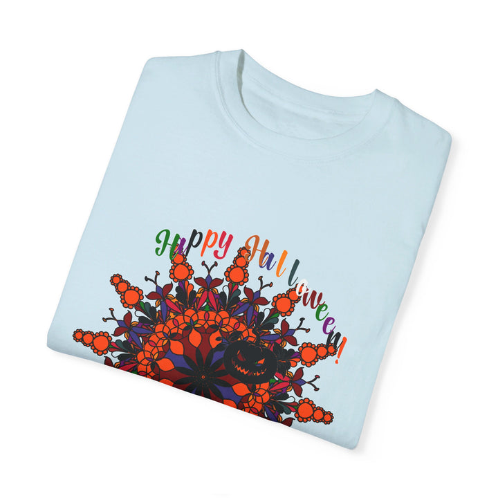 Handmade unisex Halloween Mandala T-shirt featuring intricate pumpkin design, garment-dyed for a unique look