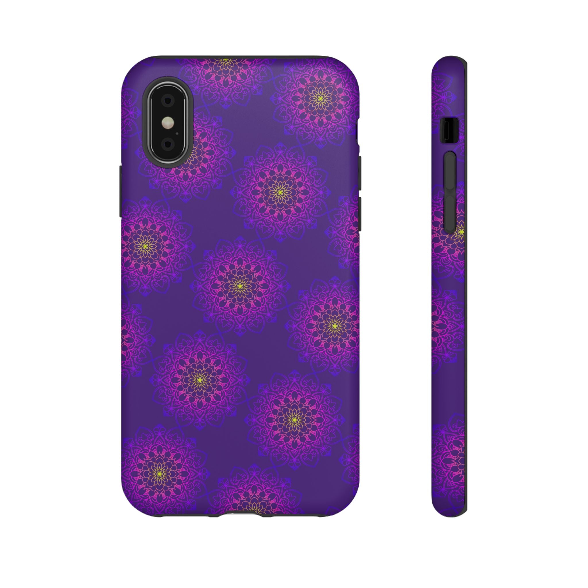 Custodia per iPhone con motivo floreale viola intricato e audace motivo mandala