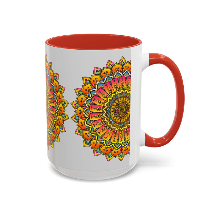 A vibrant and intricate mandala art mug featuring a colorful floral design