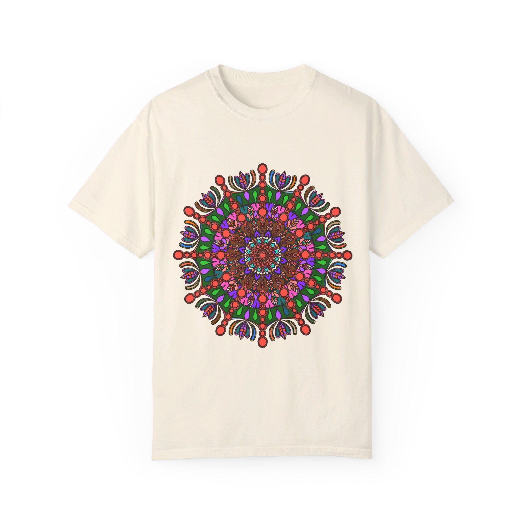 Unisex mandala t-shirt made from 100% ring-spun cotton, featuring hand-drawn mandala art and garment-dyed for extra comfort