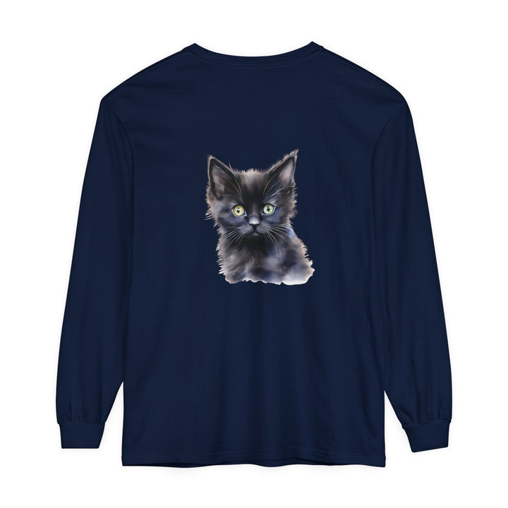 Black unisex long sleeve t-shirt featuring a mystical kitten design