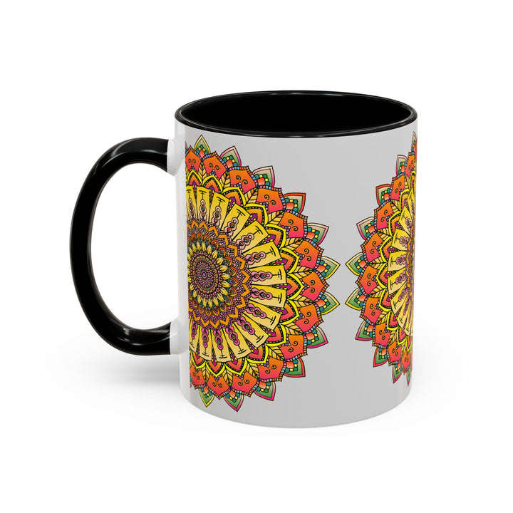 A beautiful vibrant mandala mug featuring colorful art on a grey background