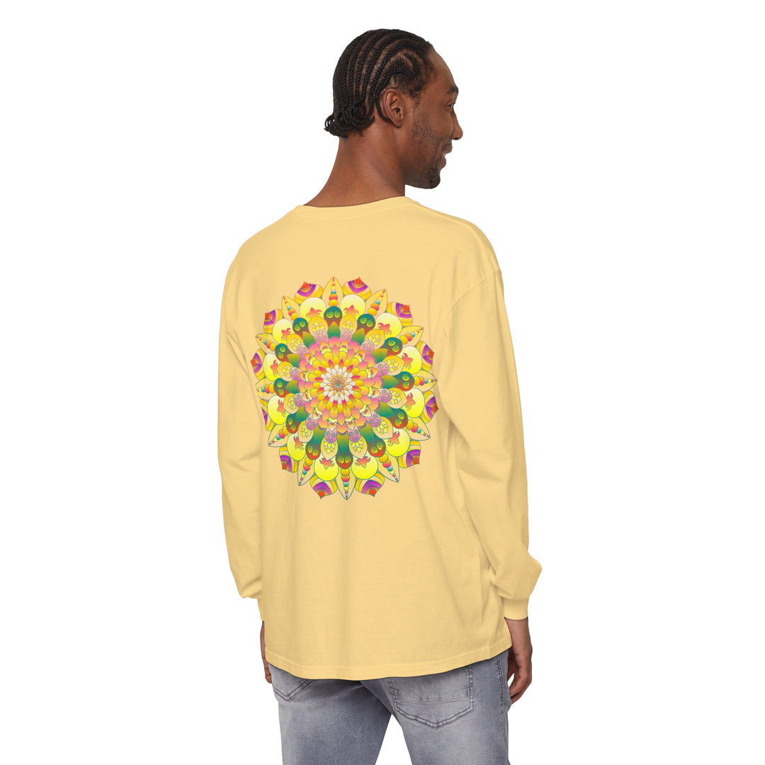 Colorful and intricate mandala design on a unisex long sleeve t-shirt