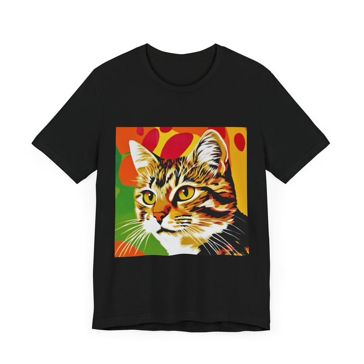 A vibrant and colorful short sleeve tee featuring a pop art design of a tabby cat