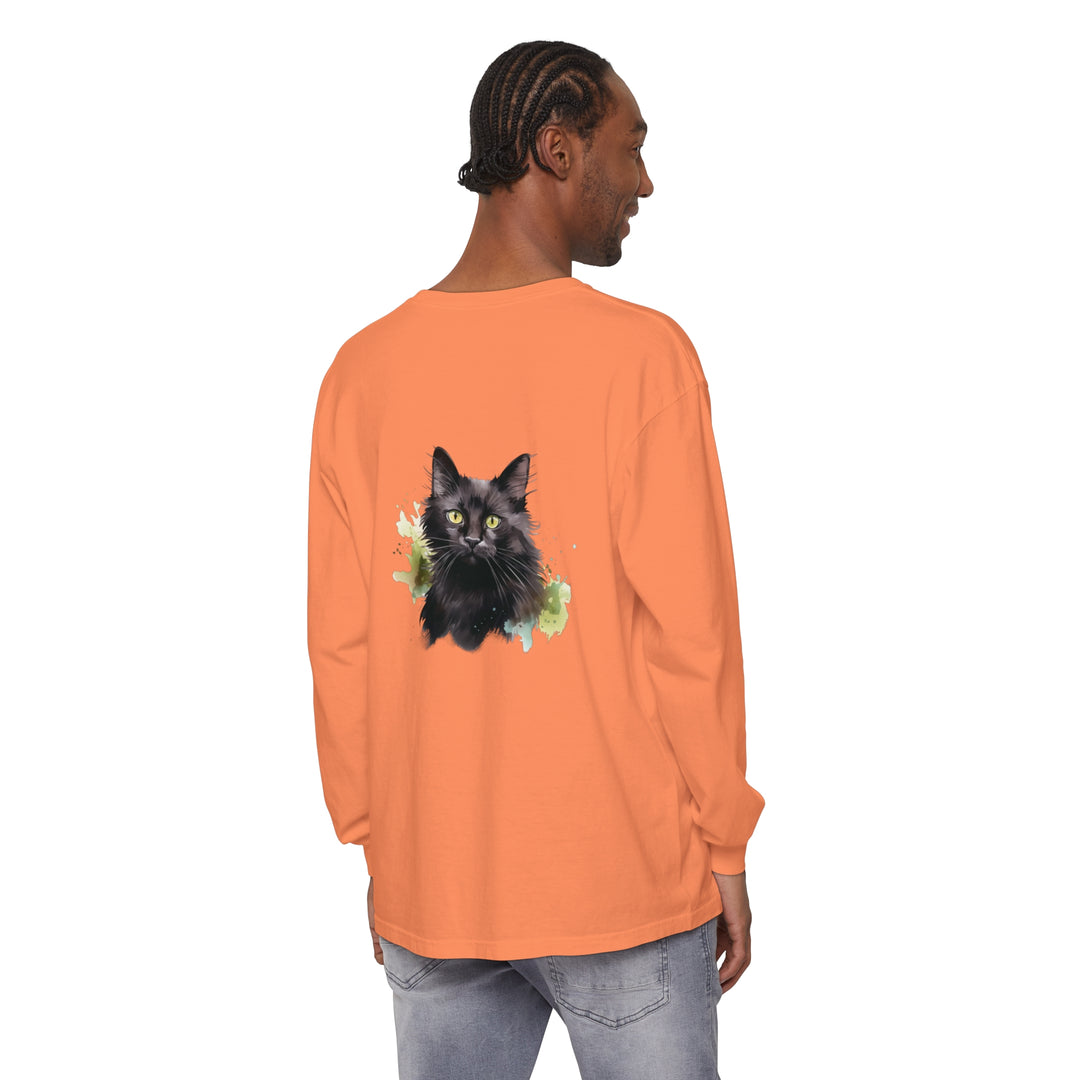 Black Cat Watercolor Splash Long Sleeve T-Shirt featuring a vibrant and artistic feline design