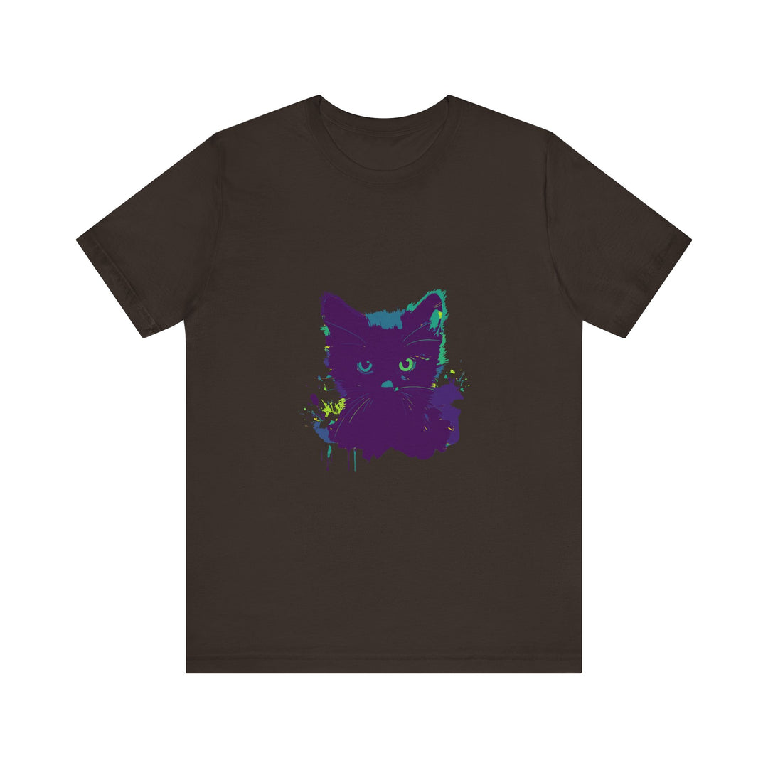 A close-up image of a black cat mystery watercolor t-shirt, featuring vibrant watercolor designs of a mysterious black cat with piercing green eyes against a black background