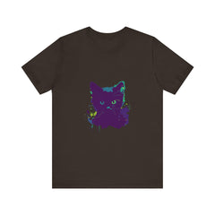 A close-up image of a black cat mystery watercolor t-shirt, featuring vibrant watercolor designs of a mysterious black cat with piercing green eyes against a black background