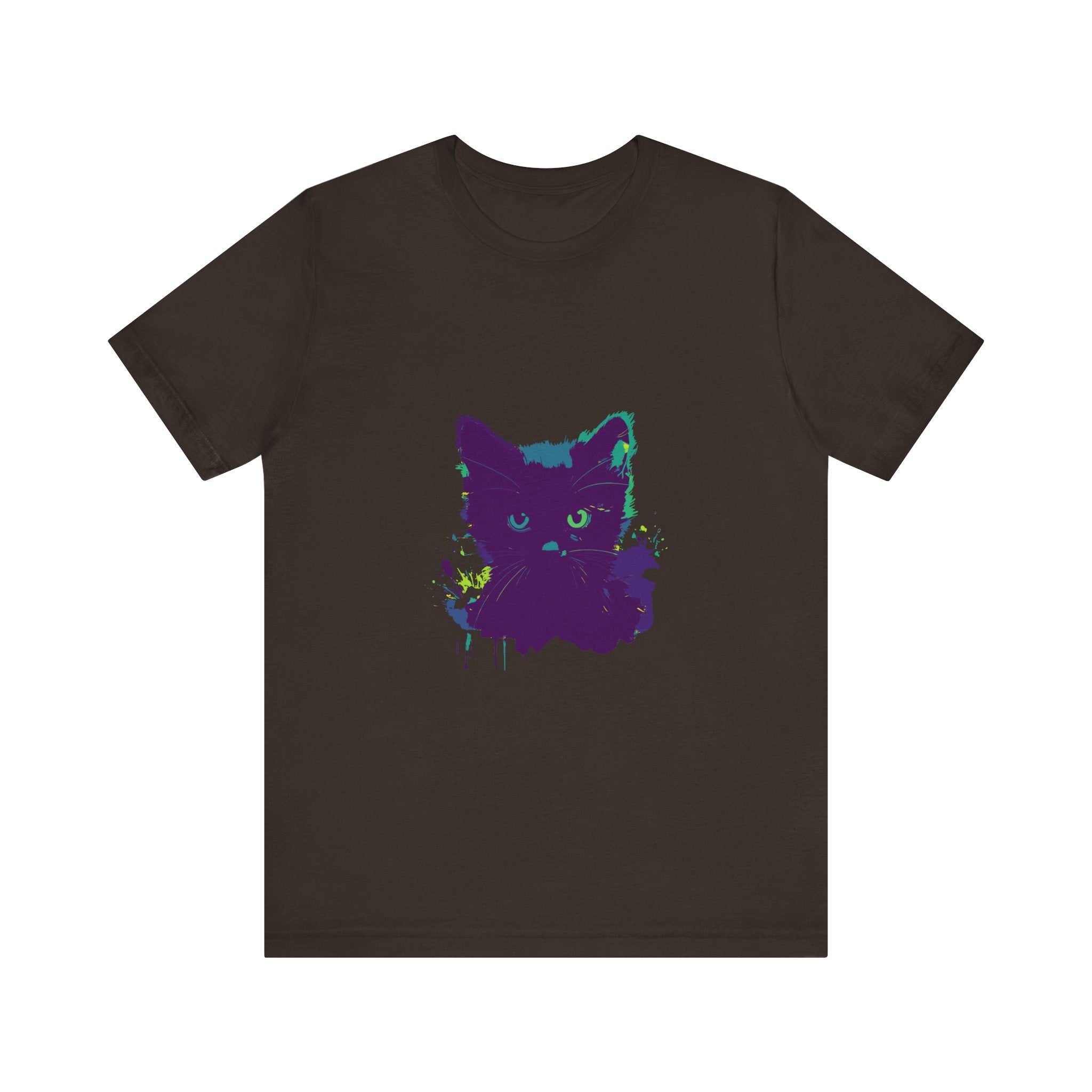 A close-up image of a black cat mystery watercolor t-shirt, featuring vibrant watercolor designs of a mysterious black cat with piercing green eyes against a black background
