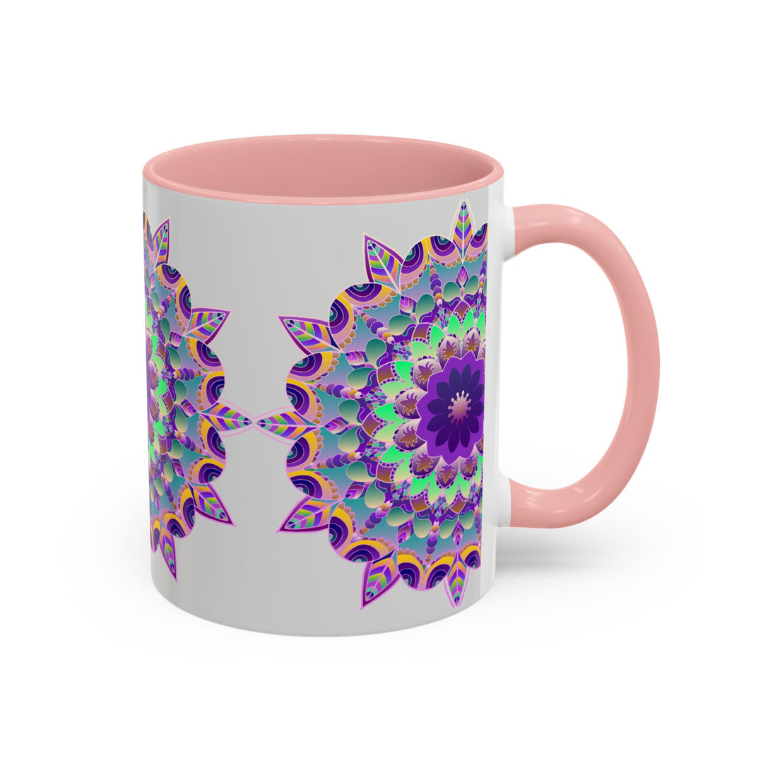 Vibrant mandala art mug in light grey color, perfect for adding a pop of color and style to your morning coffee routine