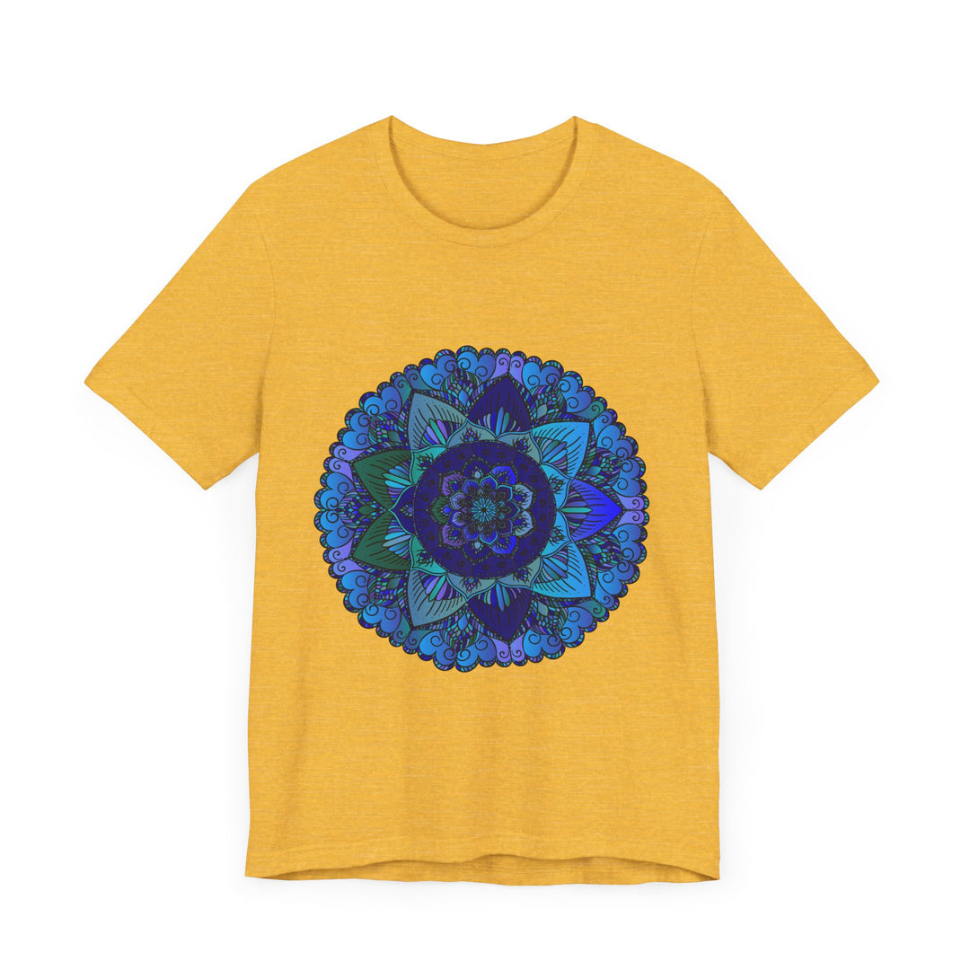 Dark blue and green mandala t-shirt featuring intricate spiritual art design