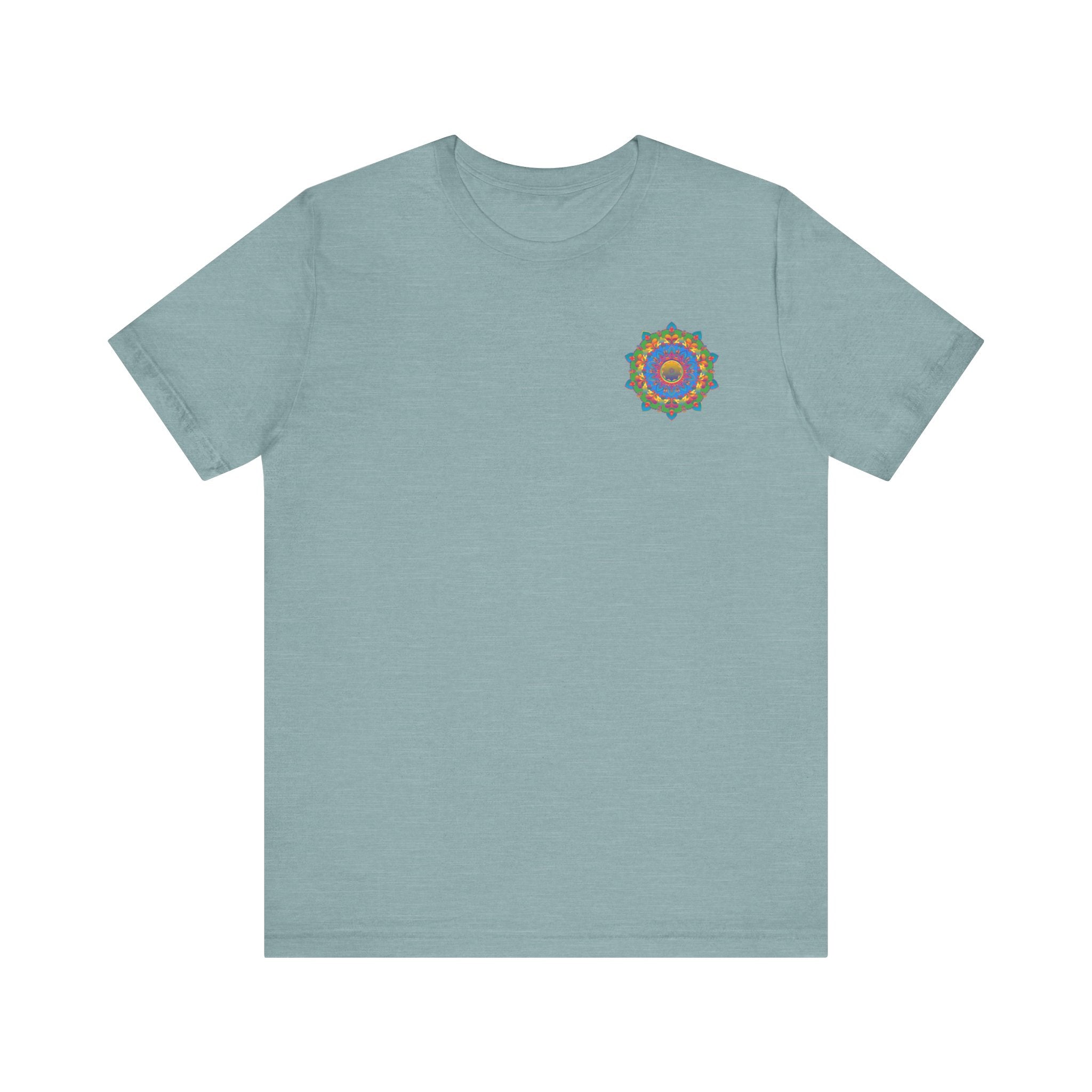 A colorful mandala design tee shirt representing spiritual peace and harmony