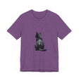 A vibrant watercolor t-shirt featuring a mystical design of a black cat