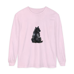 A close-up image of a Black Cat Mystique Long Sleeve T-Shirt with intricate cat design on the front