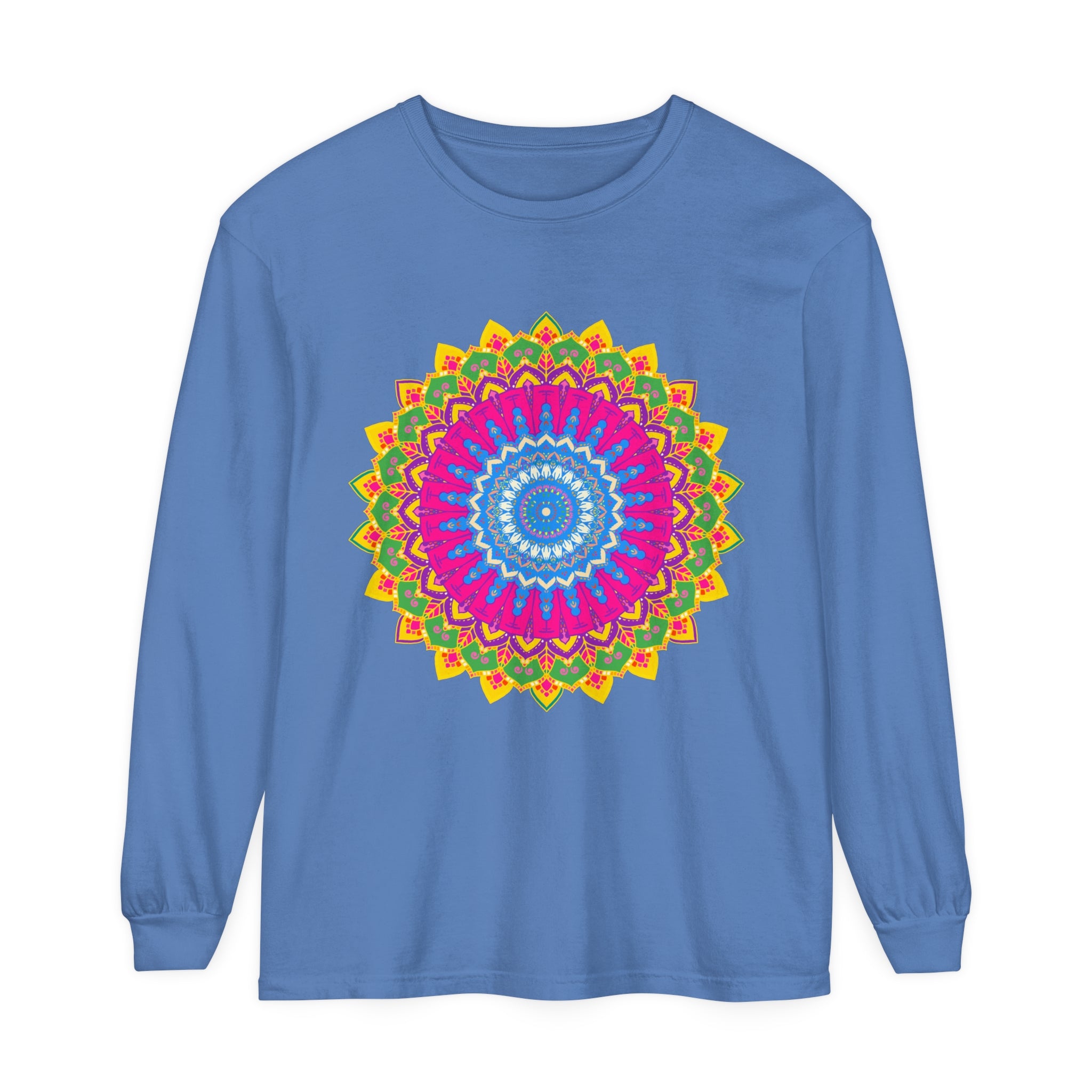 Vibrant Mandala Unisex Long Sleeve T-Shirt featuring intricate colorful mandala design in bold, eye-catching hues