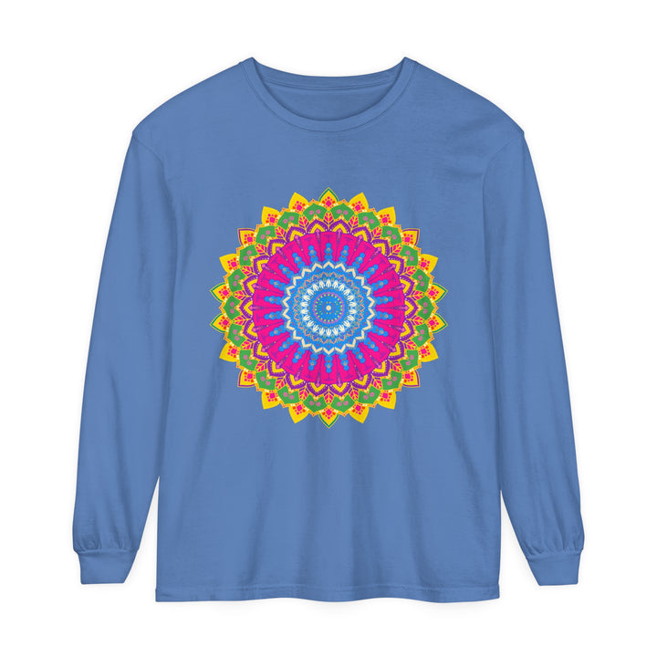 Vibrant Mandala Unisex Long Sleeve T-Shirt featuring intricate colorful mandala design in bold, eye-catching hues