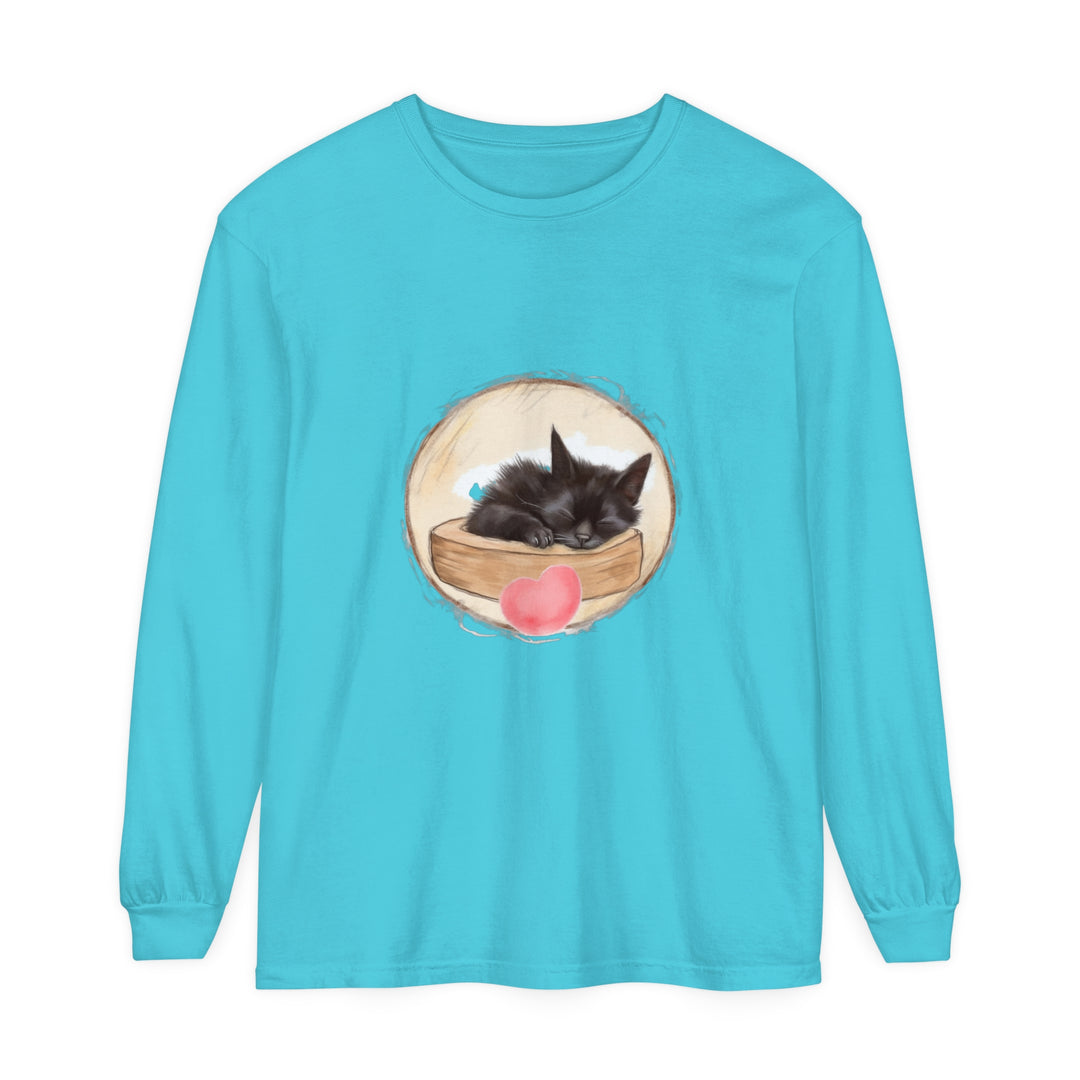 Adorable unisex t-shirt featuring a sleeping kitten design, perfect for bedtime