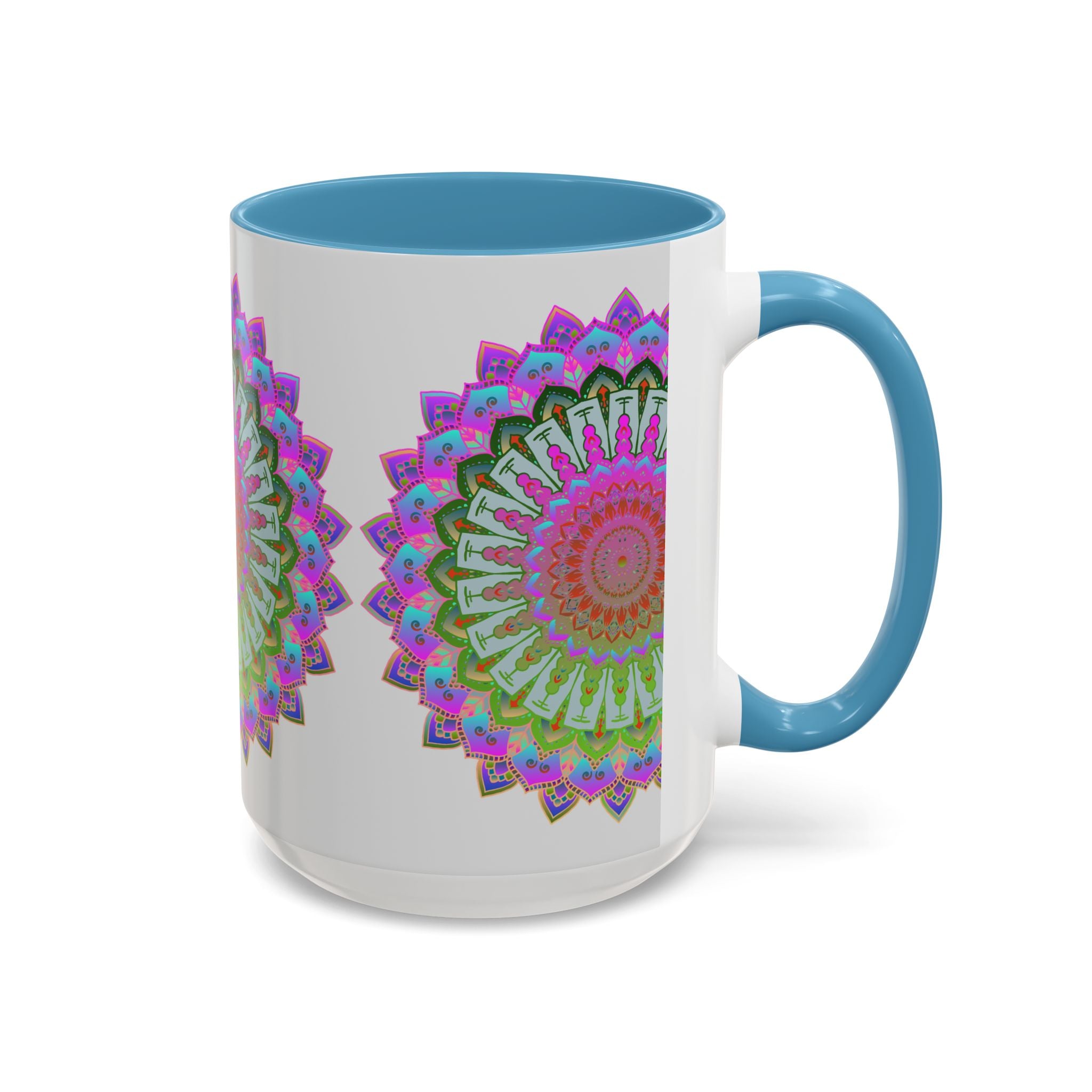 Handcrafted mandala art mug featuring colorful and intricate design