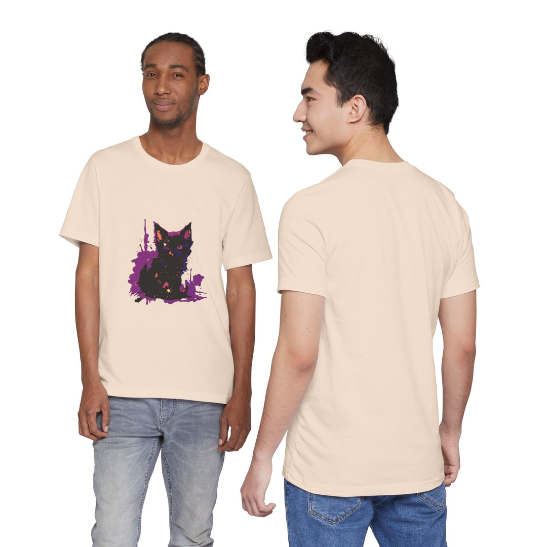 Schwarzes Katzenrätsel – Lila Farbspritzer-T-Shirt