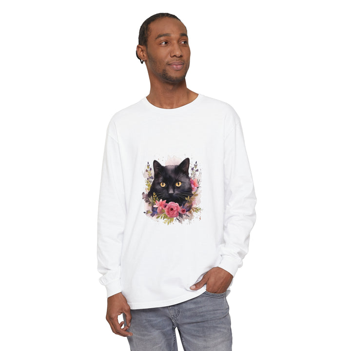 Black Cat Floral Watercolor Long Sleeve T-Shirt: A comfortable, stylish shirt featuring a watercolor floral design and a black cat graphic