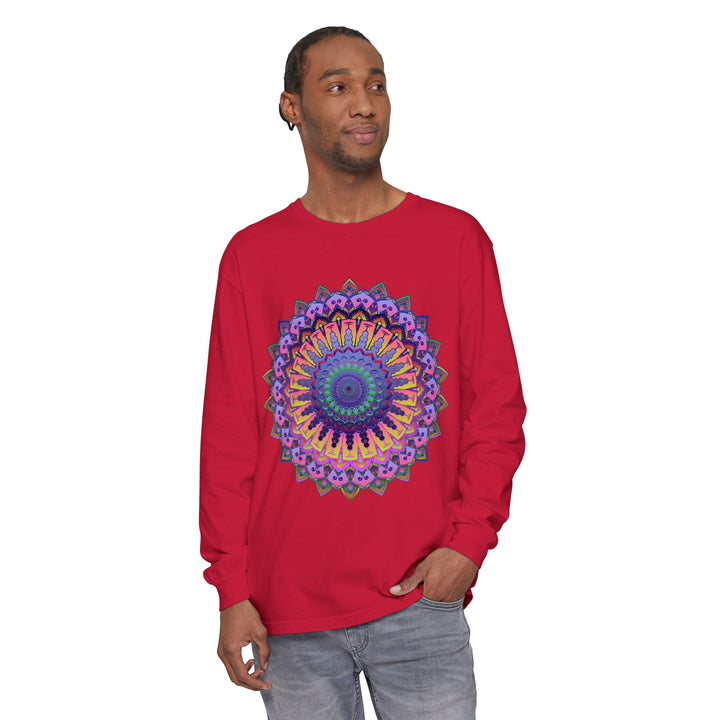 Intricate Mandala Unisex Long Sleeve T-Shirt with Detailed Geometric Design in Black and White_COLORS, available in a variety of sizes and made of high-quality, comfortable fabric