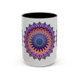 Vibrant mandala mug with intricate art in bold colors on grey background
