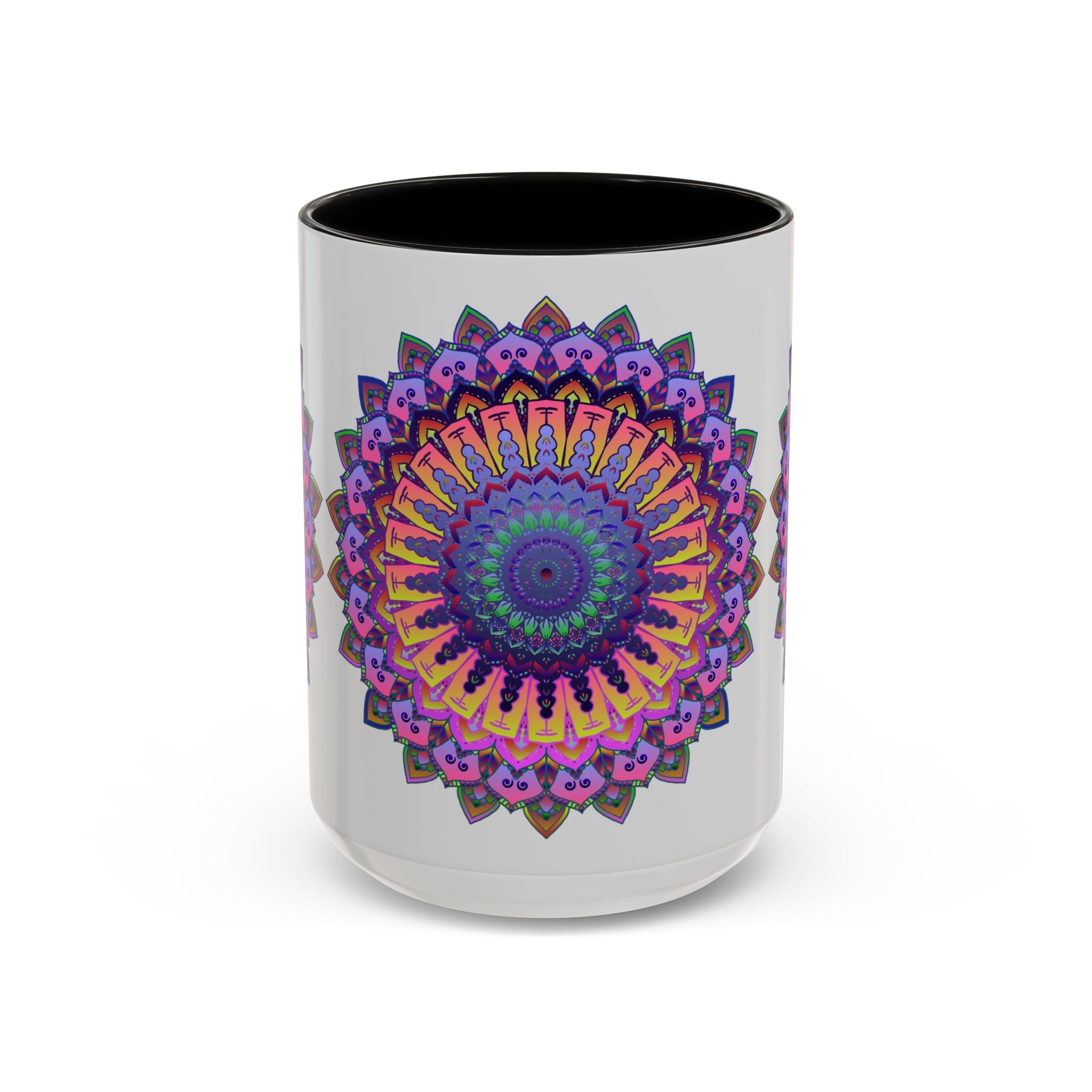 Vibrant mandala mug with intricate art in bold colors on grey background