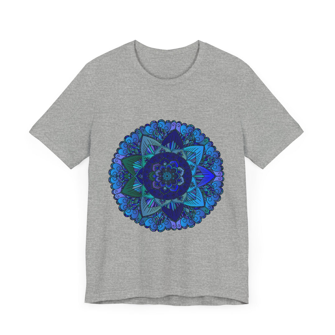 Dark blue and green mandala T-shirt with intricate spiritual art design