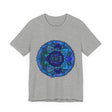 Dark blue and green mandala T-shirt with intricate spiritual art design
