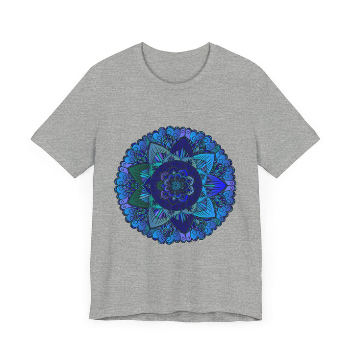 Dark blue and green mandala T-shirt with intricate spiritual art design