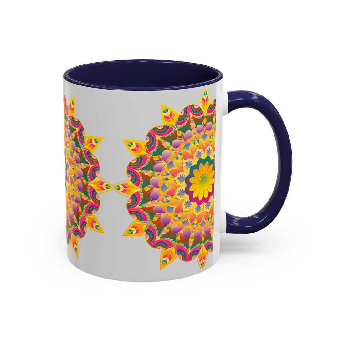 Colorful mandala art mug with vibrant floral design perfect for morning coffee