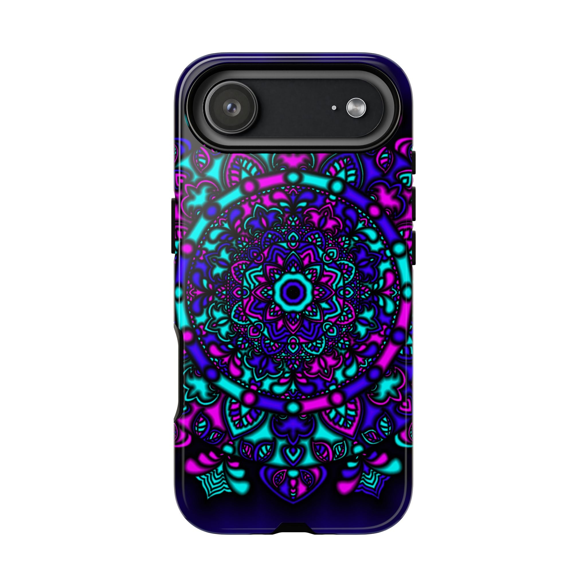 Cover protettiva resistente per telefono Mandala Neon — Viola e Verde acqua