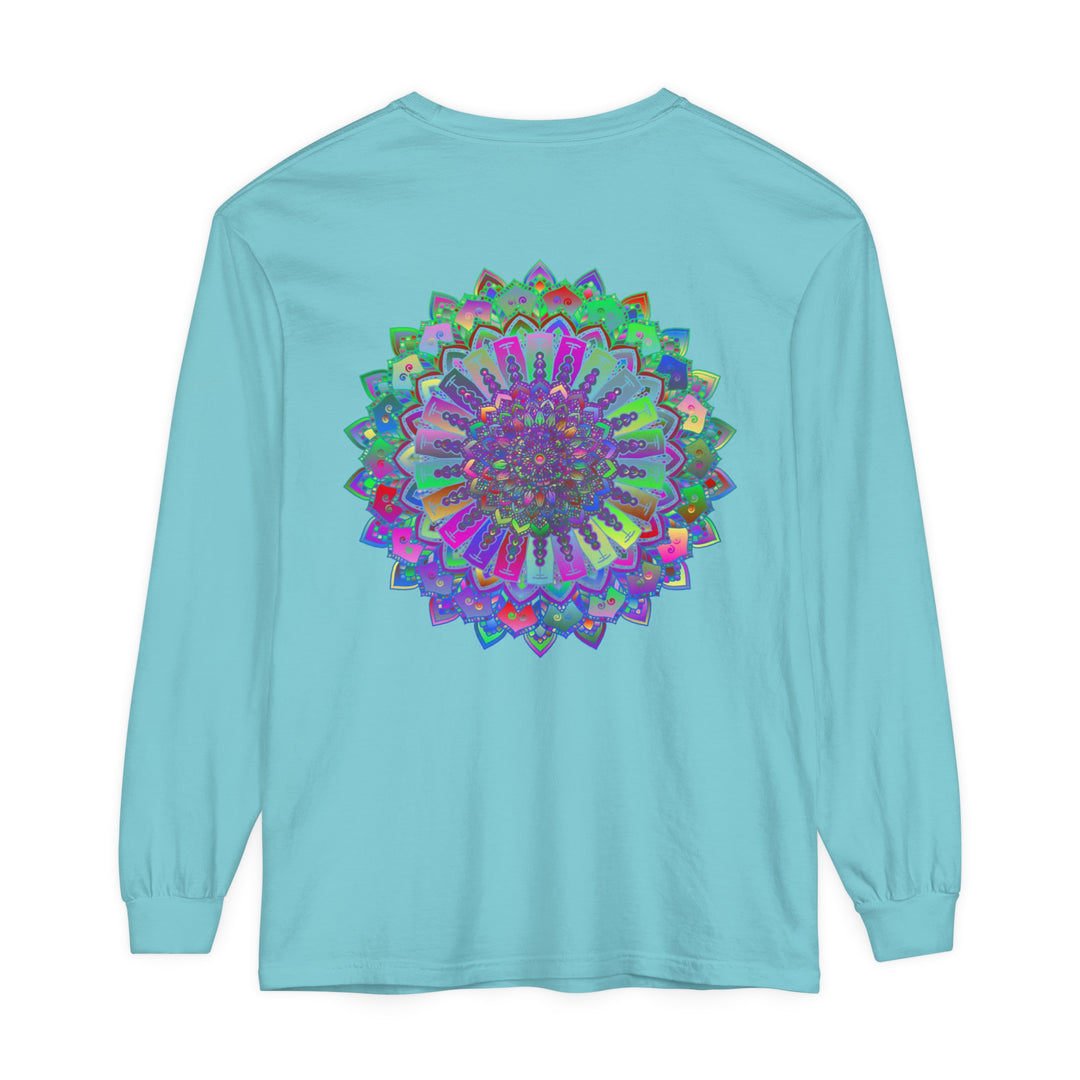 Colorful and intricately designed long sleeve t-shirt with a vibrant mandala pattern