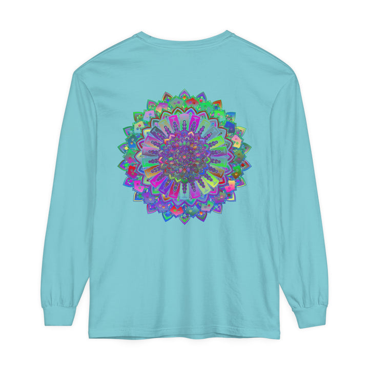 Colorful and intricately designed long sleeve t-shirt with a vibrant mandala pattern