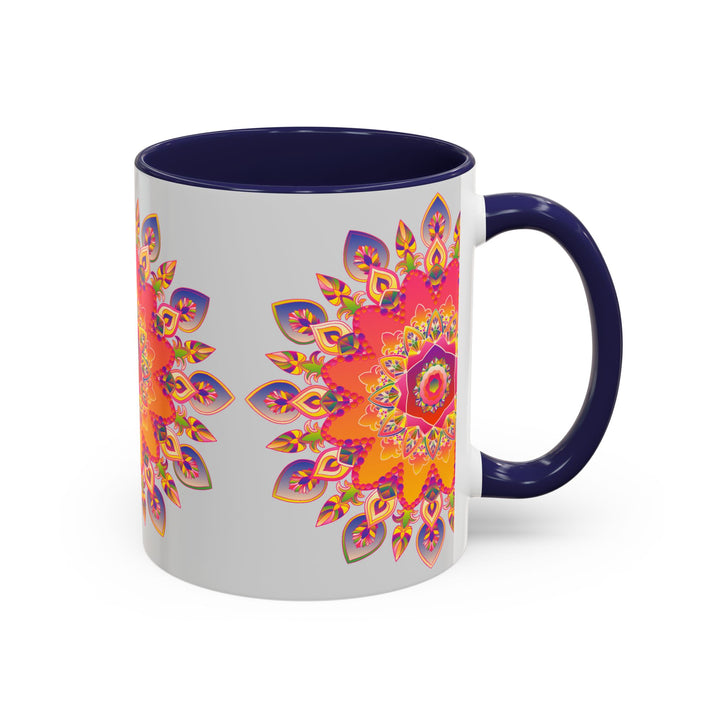 Mandala Art Mug featuring vibrant, intricate designs on a grey background