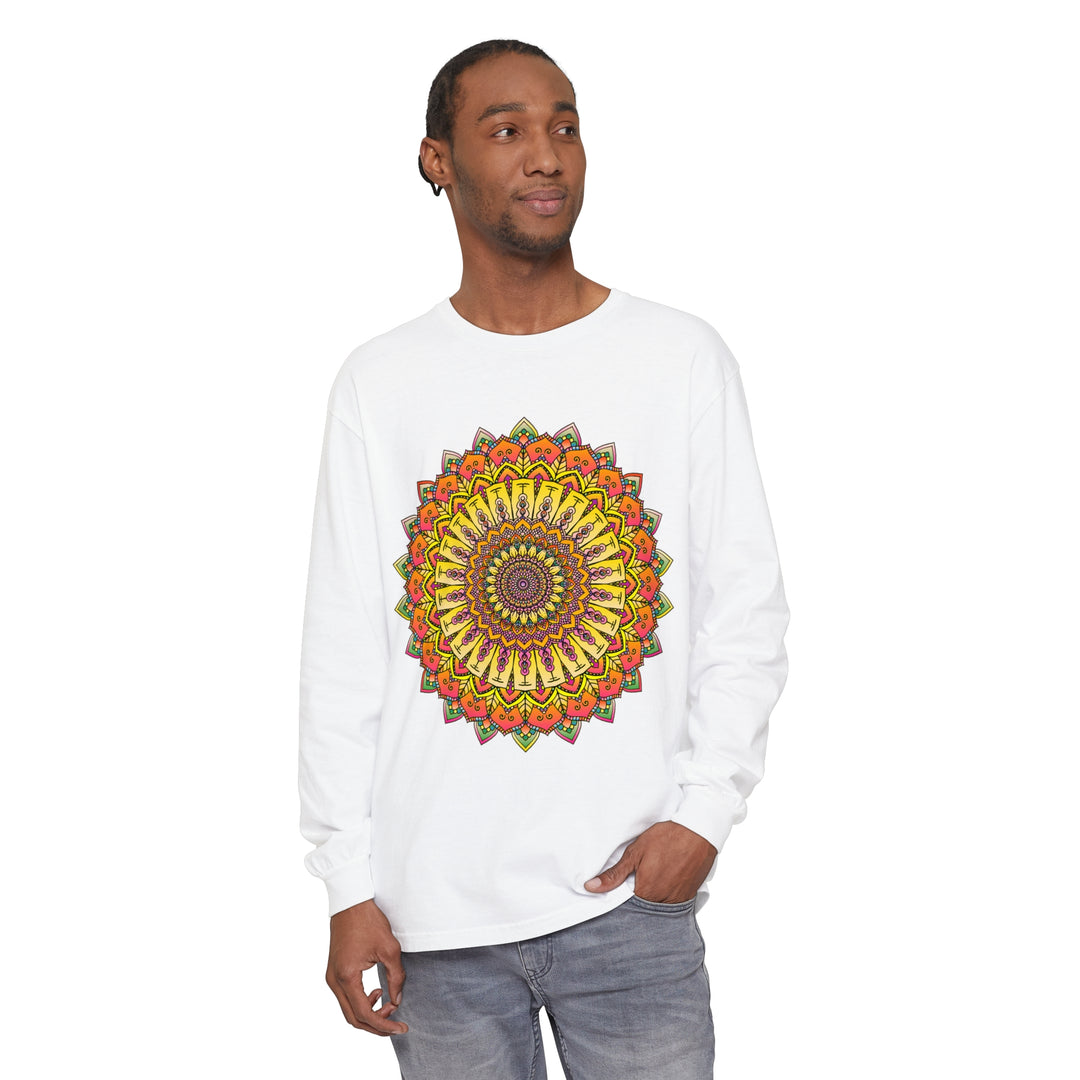 A detailed, hand-drawn mandala design printed on a unisex long sleeve t-shirt